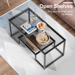 Huhote Modern Coffee Table Grey Glass 39.3 x 18.8 x 17.7 IN - thumbnail 6