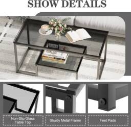 Huhote Modern Coffee Table Grey Glass 39.3 x 18.8 x 17.7 IN - thumbnail 5