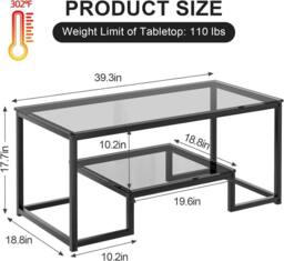 Huhote Modern Coffee Table Grey Glass 39.3 x 18.8 x 17.7 IN - thumbnail 2