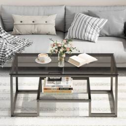 Huhote Modern Coffee Table Grey Glass 39.3 x 18.8 x 17.7 IN