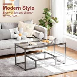 Huhote Modern Coffee Table Grey Glass 39.3 x 18.8 x 17.7 IN - thumbnail 4
