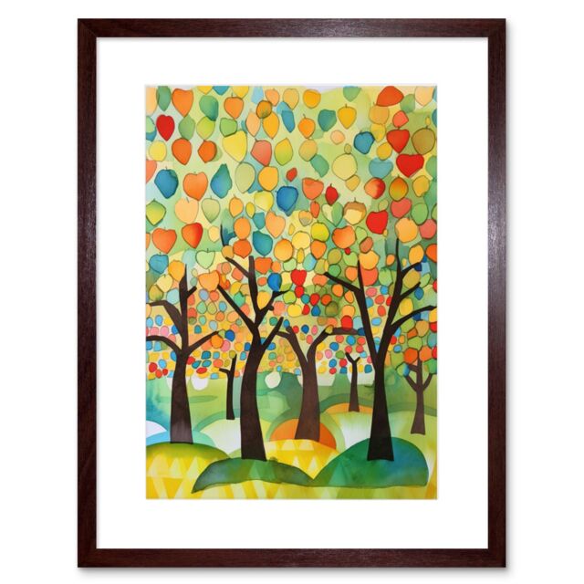 "Artery8 Wall Art Print Apple Tree Orchard Abstract Folk Art Landscape Watercolour Painting Artwork Framed 9X7 Inch in Brown - Size: W7"" x H9""" - image 1