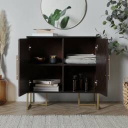 NESTLUNE Dark Wood Sideboard - Parquet Storage Cabinet 2 Doors in Brown - Size: 100 cm x 15 cm - thumbnail 4