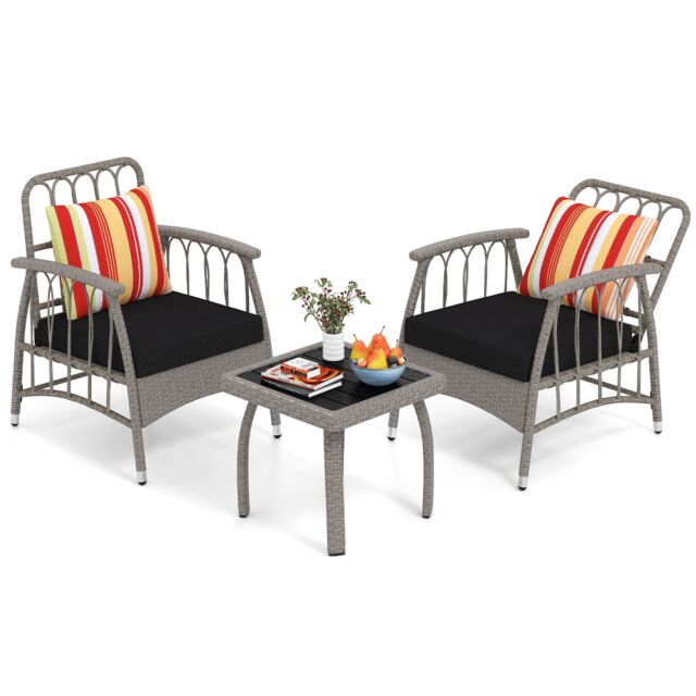 Costway 3 PCS Patio PE Wicker Furniture Set Garden Coffee Table & Armchairs in Grey - image 1