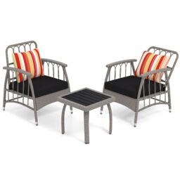 Costway 3 PCS Patio PE Wicker Furniture Set Garden Coffee Table & Armchairs in Grey - thumbnail 2