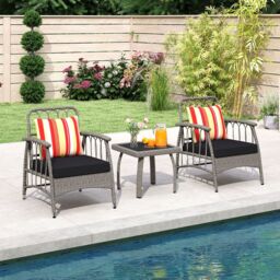 Costway 3 PCS Patio PE Wicker Furniture Set Garden Coffee Table & Armchairs in Grey - thumbnail 8