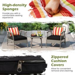 Costway 3 PCS Patio PE Wicker Furniture Set Garden Coffee Table & Armchairs in Grey - thumbnail 6