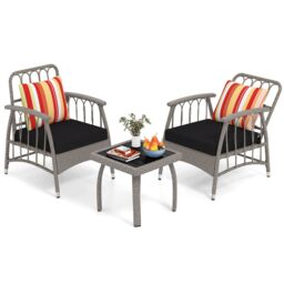 Costway 3 PCS Patio PE Wicker Furniture Set Garden Coffee Table & Armchairs in Grey - thumbnail 1