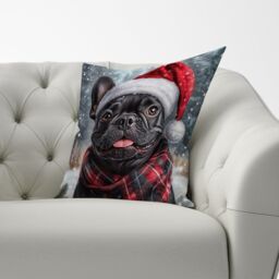Warren Reed - Designer Snowy Christmas French Bulldog Cushion in Black - Size: 45 cm x 45 cm - thumbnail 3
