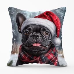 Warren Reed - Designer Snowy Christmas French Bulldog Cushion in Black - Size: 45 cm x 45 cm - thumbnail 1