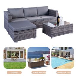 Obasyhig Women's Grey 3-Piece Corner Sofa Garden Rattan Set - thumbnail 4