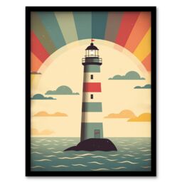 Artery8 Retro Lighthouse Bathroom Art Sunrise Mid Century Modern Flat Vintage Style Artwork Framed Wall Art Print A4 in Black - thumbnail 1