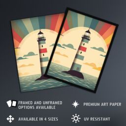 Artery8 Retro Lighthouse Bathroom Art Sunrise Mid Century Modern Flat Vintage Style Artwork Framed Wall Art Print A4 in Black - thumbnail 2