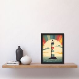 Artery8 Retro Lighthouse Bathroom Art Sunrise Mid Century Modern Flat Vintage Style Artwork Framed Wall Art Print A4 in Black - thumbnail 4