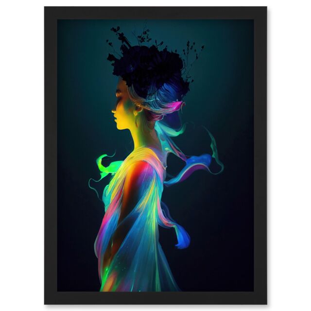 Artery8 Nature Fairy In Colourful Fluorescent Light Dress Artwork Framed Wall Art Print A4 in Black - image 1