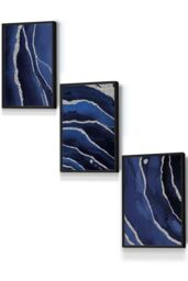 ARTZE Abstract Navy Blue Silver Strokes Framed Wall Art - Small in Black - Size: W33 cm x H45 cm x D20mm