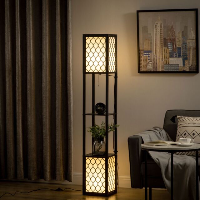 HOMCOM 2-Light Modern Floor Lamp with Shelves for Living Room, Bedroom in Black - image 1