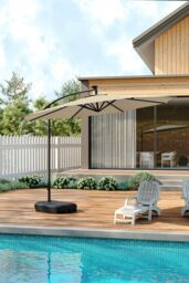 Living and Home Outdoor 32 LED Lighted Patio Umbrella with Crank Lift System with Base in Beige - thumbnail 1