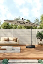 Living and Home Outdoor 32 LED Lighted Patio Umbrella with Crank Lift System with Base in Beige - thumbnail 3