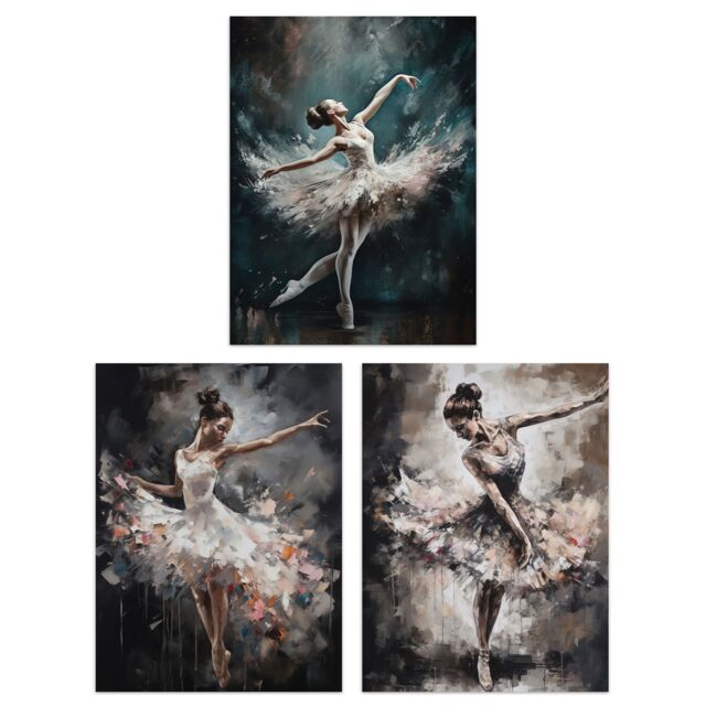 "Artery8 Wall Art Print Set of 3 Ballet Dancers Oil Paintings Graceful Ballerinas Dancing Poses Living Room Poster s Pack in Grey - Size: W12"" x H16""" - image 1