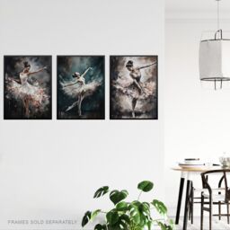 "Artery8 Wall Art Print Set of 3 Ballet Dancers Oil Paintings Graceful Ballerinas Dancing Poses Living Room Poster s Pack in Grey - Size: W12"" x H16""" - thumbnail 3