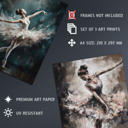 "Artery8 Wall Art Print Set of 3 Ballet Dancers Oil Paintings Graceful Ballerinas Dancing Poses Living Room Poster s Pack in Grey - Size: W12"" x H16""" - thumbnail 4