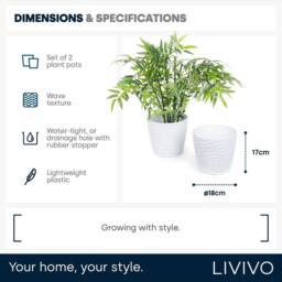 LIVIVO 18cm Plastic Plant Pot Grey Wave Design in White - thumbnail 6