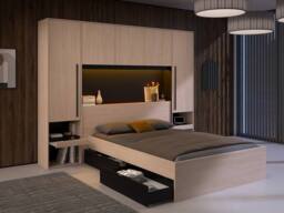 Vente-unique Bed With Overbed Storage 140 X 190 Cm - With LED Lighting - Natural in Black - Size: Double