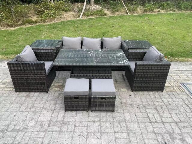 Fimous Rattan Garden Furniture Adjustable Rising Lifting Dining Table Sofa Set Chairs 2 Side Coffee Tables with 2 Stools in Dark Grey - image 1
