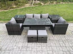 Fimous Rattan Garden Furniture Adjustable Rising Lifting Dining Table Sofa Set Chairs 2 Side Coffee Tables with 2 Stools in Dark Grey - thumbnail 2
