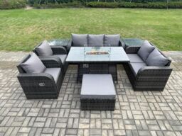 Fimous 8 Seater PE Wicker Outdoor Rattan Garden Furniture Set Propane Gas Fire Pit Table & Sofa Chair set with 2 Side Tables Big Footstool - thumbnail 1