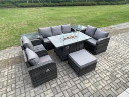 Fimous 8 Seater PE Wicker Outdoor Rattan Garden Furniture Set Propane Gas Fire Pit Table & Sofa Chair set with 2 Side Tables Big Footstool - thumbnail 3