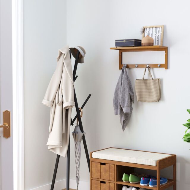 HOMCOM Mounted Shelf Clothes Rack Hanging Coat Hooks Hallway Wall Kitchen in Light Brown - image 1