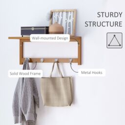 HOMCOM Mounted Shelf Clothes Rack Hanging Coat Hooks Hallway Wall Kitchen in Light Brown - thumbnail 5