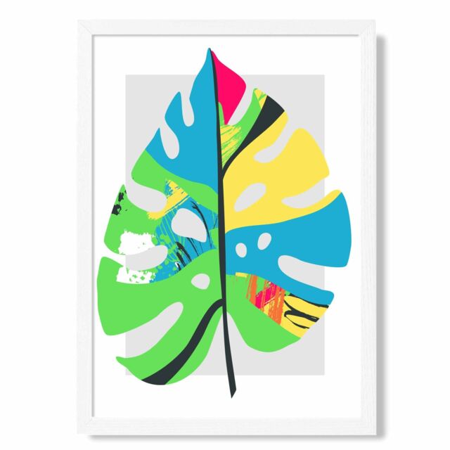 ARTZE Monstera Leaf Blue & Green Abstract Minimalist Framed Print SIZE: A4 with White Frame in Mid Blue - image 1