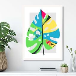 ARTZE Monstera Leaf Blue & Green Abstract Minimalist Framed Print SIZE: A4 with White Frame in Mid Blue - thumbnail 2