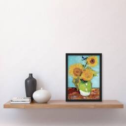 Artery8 Vincent van Gogh Framed Wall Art Print Vase with Three Sunflowers in Blue - Size: A4 - thumbnail 2