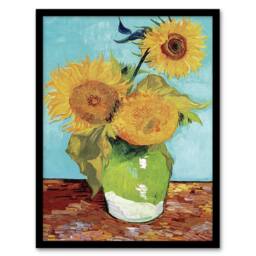 Artery8 Vincent van Gogh Framed Wall Art Print Vase with Three Sunflowers in Blue - Size: A4 - thumbnail 1