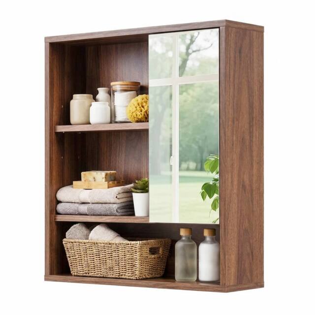 Gymax Medicine Cabinet with Mirror Wall Mounted Organizer Bathroom Entryway in Brown - image 1