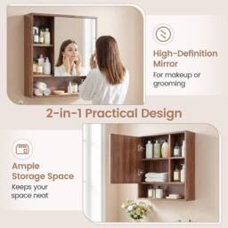 Gymax Medicine Cabinet with Mirror Wall Mounted Organizer Bathroom Entryway in Brown - thumbnail 3