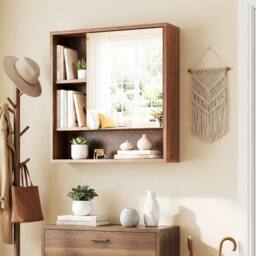 Gymax Medicine Cabinet with Mirror Wall Mounted Organizer Bathroom Entryway in Brown - thumbnail 6