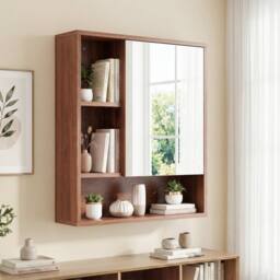 Gymax Medicine Cabinet with Mirror Wall Mounted Organizer Bathroom Entryway in Brown - thumbnail 4