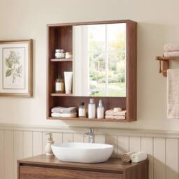 Gymax Medicine Cabinet with Mirror Wall Mounted Organizer Bathroom Entryway in Brown - thumbnail 5
