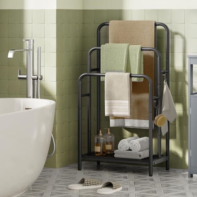 SONGMICS Compact 3-Bar Freestanding Towel Rack 2 Hooks Storage Shelf in Black - image 1