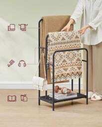 SONGMICS Compact 3-Bar Freestanding Towel Rack 2 Hooks Storage Shelf in Black - thumbnail 4