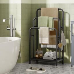 SONGMICS Compact 3-Bar Freestanding Towel Rack 2 Hooks Storage Shelf in Black - thumbnail 1