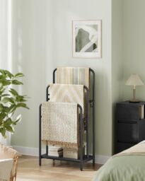 SONGMICS Compact 3-Bar Freestanding Towel Rack 2 Hooks Storage Shelf in Black - thumbnail 2