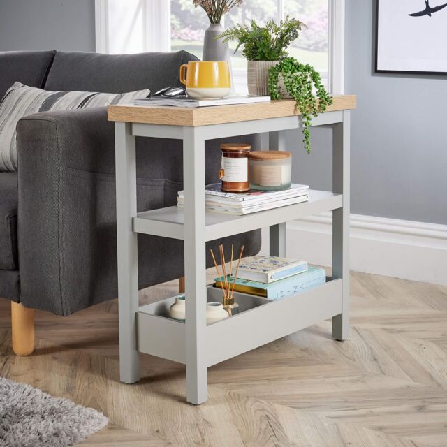 Home Source Side Table Grey 36mm Oak Effect Top Storage Shelves Home Organiser in Light Grey - image 1