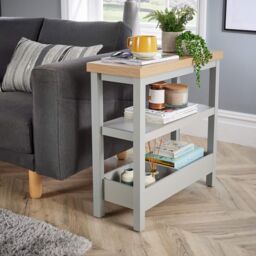 Home Source Side Table Grey 36mm Oak Effect Top Storage Shelves Home Organiser in Light Grey - thumbnail 2