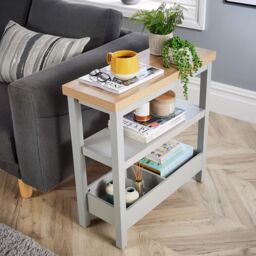 Home Source Side Table Grey 36mm Oak Effect Top Storage Shelves Home Organiser in Light Grey - thumbnail 3